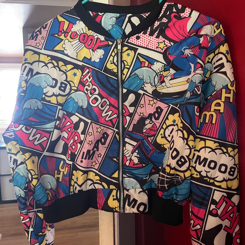 Comic Print Crop Bomber Jacket